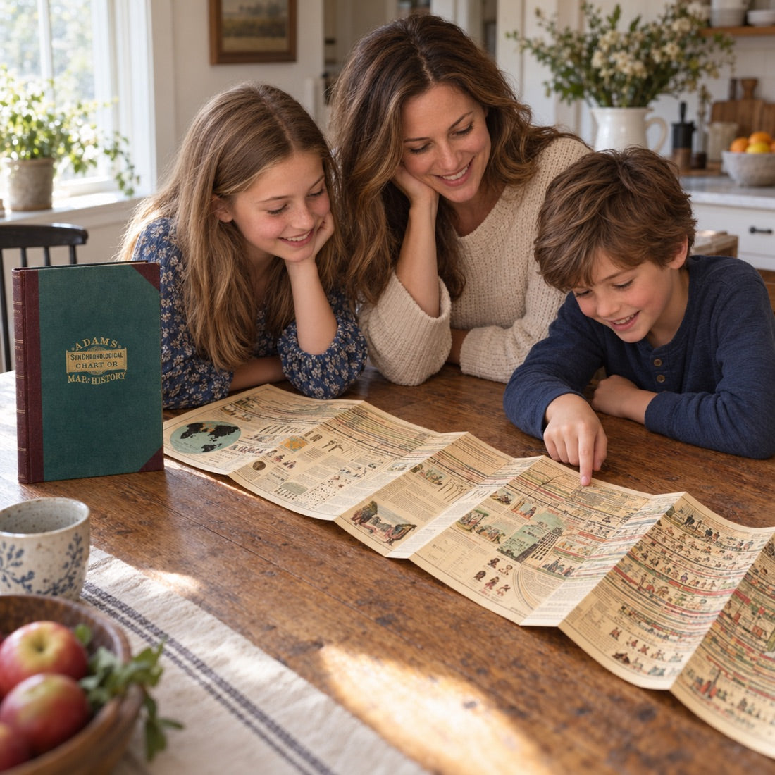A mother and two children exploring the timeline at the kitchen table