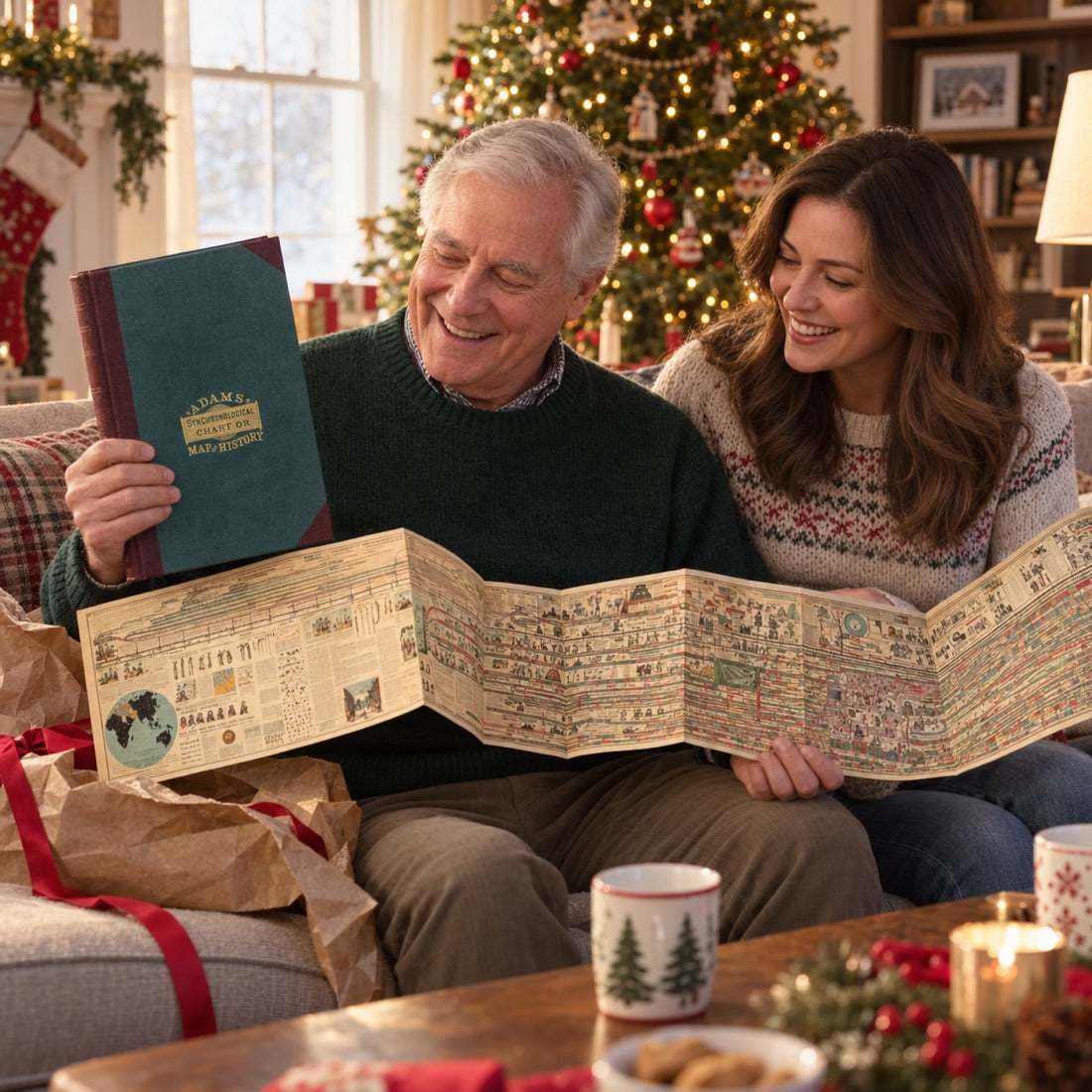A grandfather unwrapping the timeline as a Christmas gift